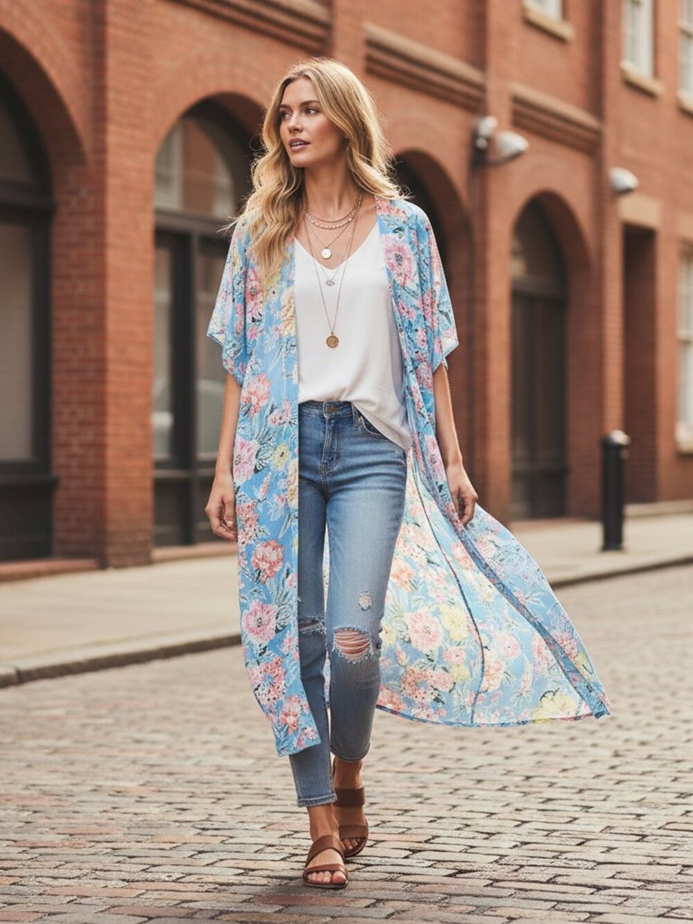 NEW Loft M/L Blue Multi Floral Kimono Wrap Duster Oversized Boho Chic Fairy